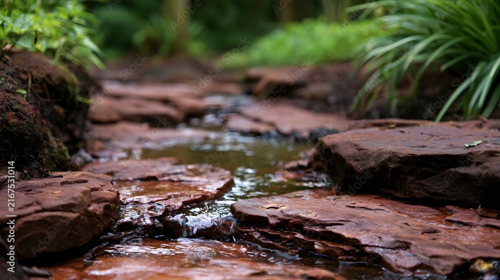 Obraz premium A serene stream flows gently over smooth red stones surrounded by lush green foliage in a tranquil forest setting