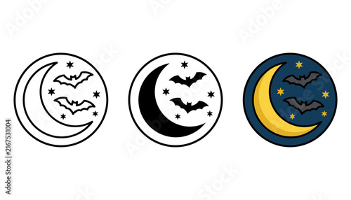 Set of three flat design icons showing crescent moon, full moon, and sun phases