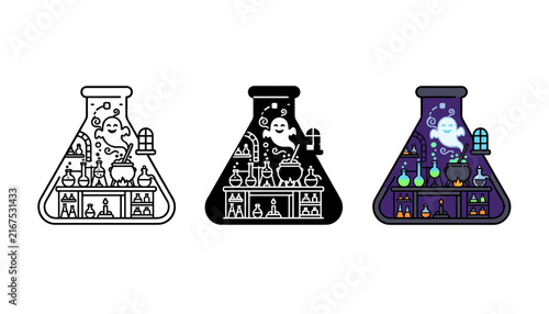 Three stylized laboratory flasks with colorful liquid and bubbles in a row