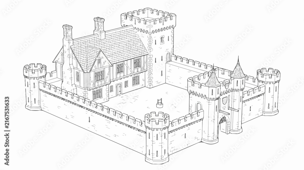 Obraz premium Isometric line art of a medieval castle fortress with manor house