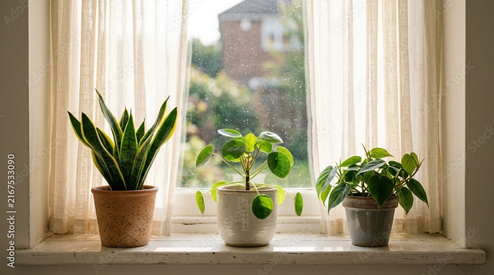 Naklejka premium Three Potted Houseplants Lined Up On A White Wooden Window Sill With Sheer Curtains And Morning Light Streaming Through The Glass Indoors