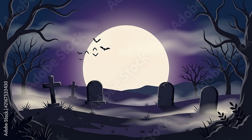 A spooky cemetery and graveyard scene halloween background featuring a large full moon silhouettes of trees and misty foggy ground