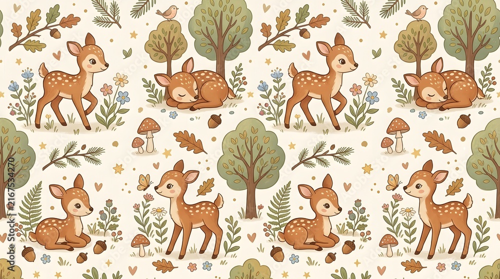 Fototapeta premium Cute Seamless Pattern with Adorable Baby Deers in Forest.
