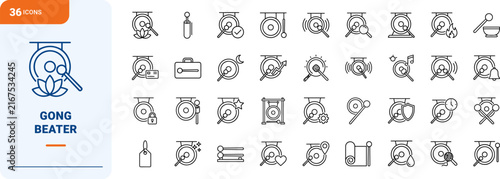 Gong Mallet Web Icon Set in Linear Style. Collection of Percussion Tool line icons, including acoustic sound, sound therapy, meditation, mindfulness, performance, orchestra.