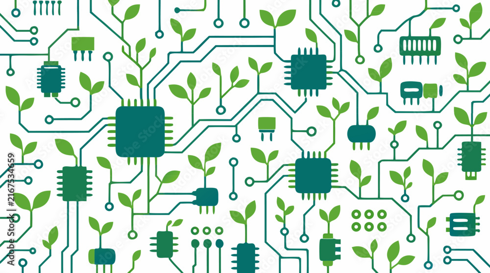 Fototapeta premium Sustainable Green Technology Vector Illustration of a Motherboard Circuit Board Pattern with Small Leaves Sprouting from Microchips and Traces, Representing Eco-Friendly Innovation and Growth.