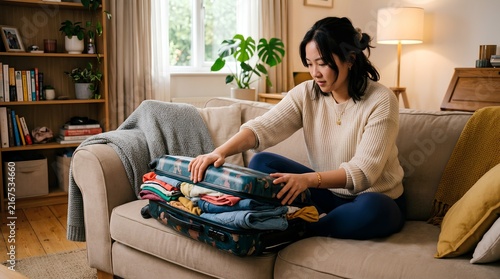 Young Asian woman sitting cross-legged on beige sofa in cozy living room, leaning over packed open suitcase filled with colorful folded clothes, preparing for travel, home interior with bookshelf,