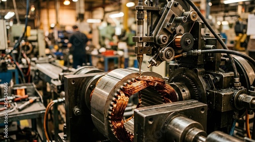 Close-up of automated factory machinery precisely winding fine copper wire onto steel motor stator teeth in industrial workshop