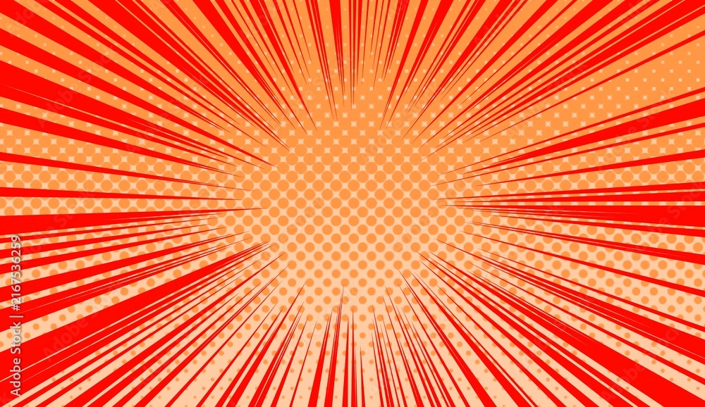 Fototapeta premium Red Comic Speed Lines Background with Halftone Pattern, Intense Pop Art Manga Action Zoom Backdrop