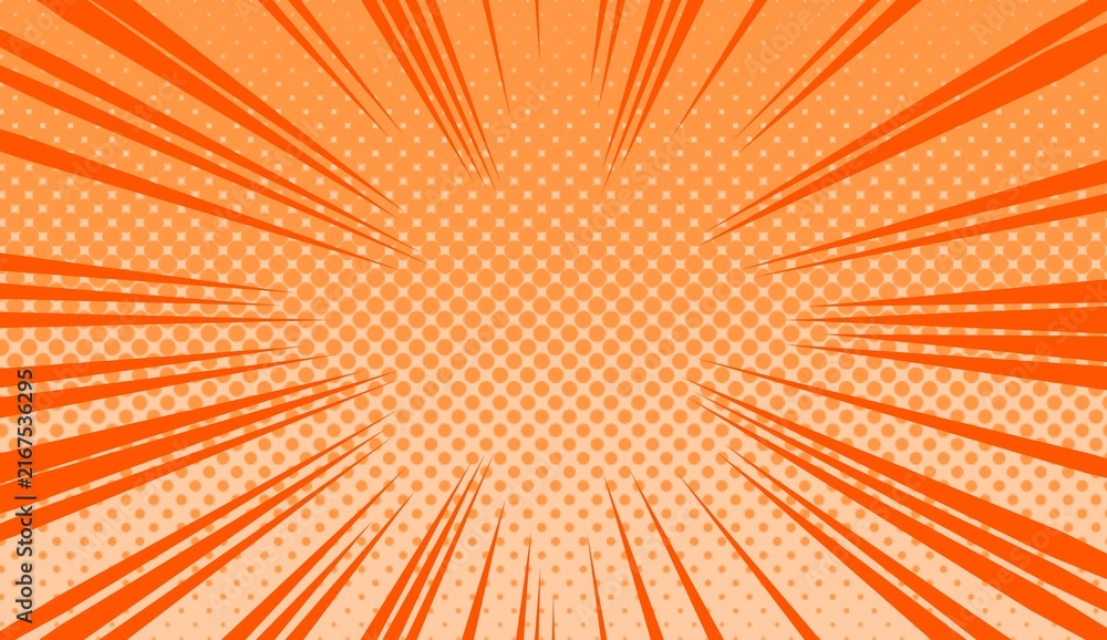 Fototapeta premium Orange Comic Speed Lines Background with Halftone Pattern, Pop Art Manga Radial Zoom Backdrop