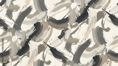 Seamless abstract pattern with expressive dark gray and beige brush strokes.