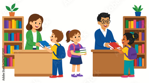Flat Vector Illustration of Smiling School Children Borrowing Colorful Books from Friendly Librarians at the Front Desk in a Bright Library with Bookshelves, Promoting Literacy and Education.