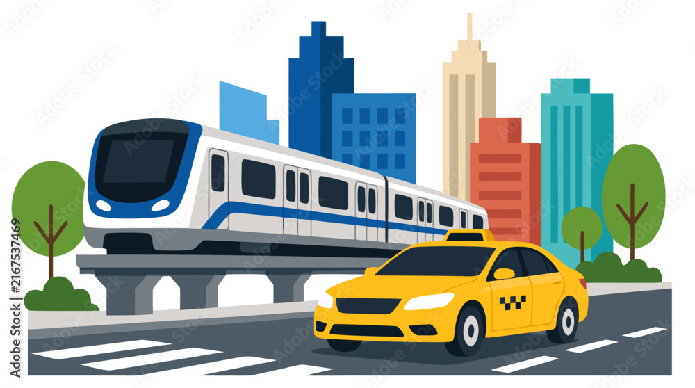 Naklejka premium Modern City Transit Vector Illustration Featuring a Sleek White Metro Train on Elevated Tracks and a Yellow Taxi Cab Driving on an Urban Street with Colorful Skyscrapers and Green Trees.