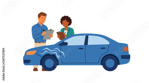 Professional Insurance Adjusters Inspecting a Damaged Blue Sedan with a Crumpled Fender and Taking Notes on Clipboards, Flat Vector Illustration of Car Accident Assessment and Claim Process.