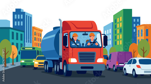 Vector illustration of two professional drivers in hard hats steering a large red and blue tanker truck through busy city traffic with colorful buildings, cars, and a bus in a flat art style.