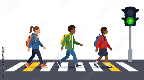 Flat Vector Illustration of Diverse School Children with Backpacks Safely Walking Across a Zebra Crosswalk Toward a Green Pedestrian Traffic Light Signal on a Clean White Background.