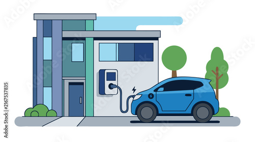 Flat Vector Illustration of a Blue Electric Car Plugged into a Wall Charging Station Outside a Modern Minimalist Building with Green Trees, Representing Sustainable Energy and Eco-Friendly Living.