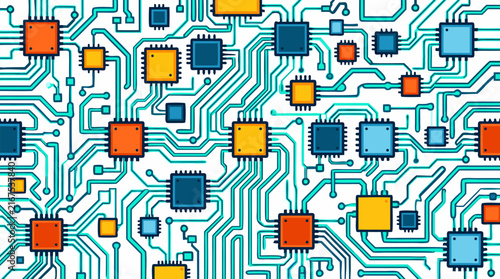 Abstract Circuit Board Pattern with Colorful Microchips and Teal Traces on White Background, Modern Flat Vector Illustration for Technology, Electronics, and Digital Hardware Design