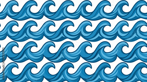 Seamless Blue Ocean Wave Pattern Vector Illustration, Stylized Sea Ripple and Water Curl Design on White Background, Nautical Summer Theme for Fabric, Wallpaper, and Graphic Backgrounds