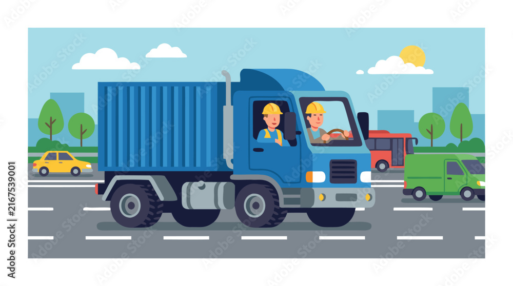 Fototapeta premium Flat vector illustration of two professional drivers in yellow hard hats steering a blue cargo truck on a busy multi-lane city road with other vehicles, trees, and a sunny sky in clean design.
