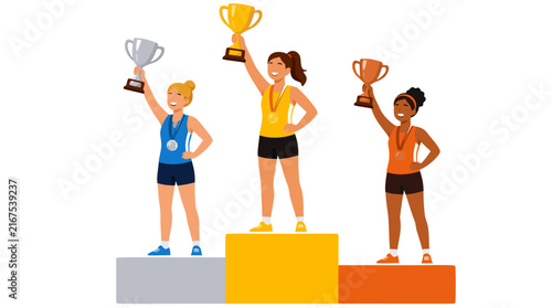 Three female athletes on podium celebrating victory, holding gold silver and bronze trophies in flat bold colors, vector illustration for sports and competition success concepts