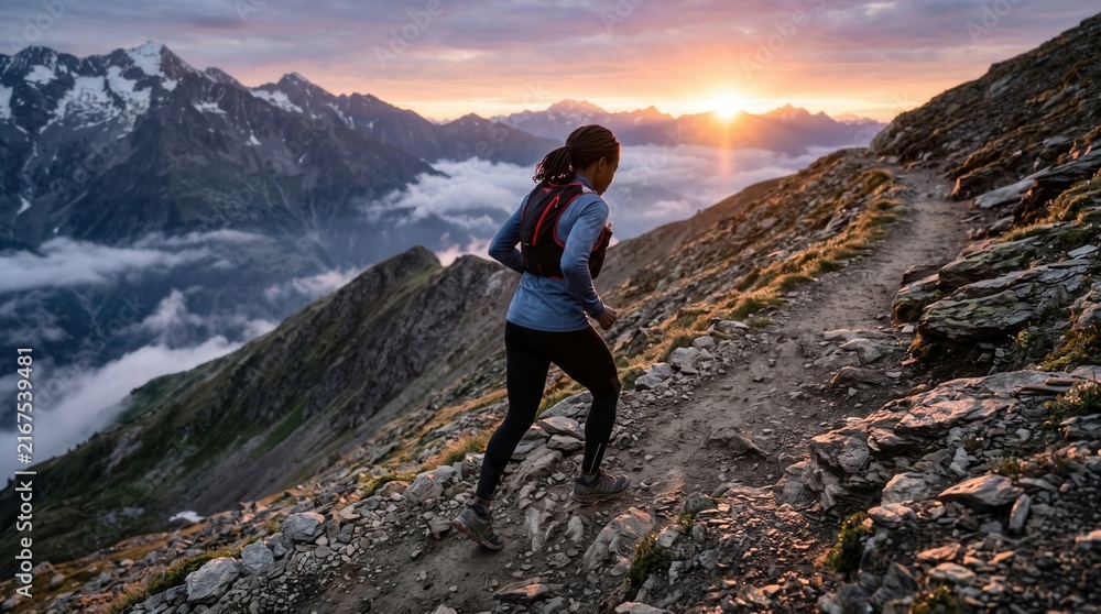 Obraz premium Athletic woman running on high mountain trail during epic golden sunrise fitness workout. Concept of black, rocky, mountain runner, skyrunning, endurance athlete, trail runner.