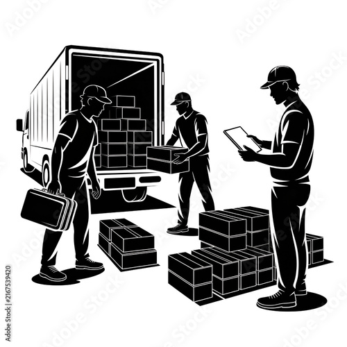 Business professionals loading and unloading boxes at warehouse dock