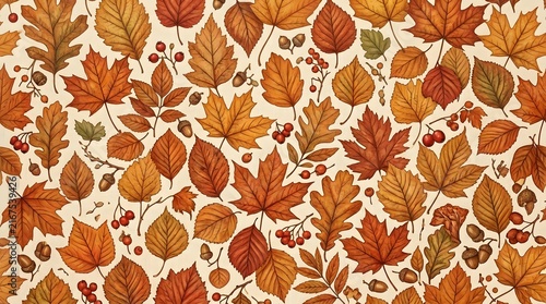 Autumn seamless pattern with hand drawn fall leaves and berries.