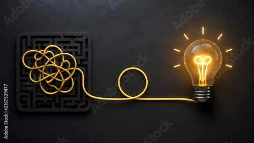 Obraz na płótnie Glowing lightbulb connected to complex wire maze representing problem solving and finding creative solutions