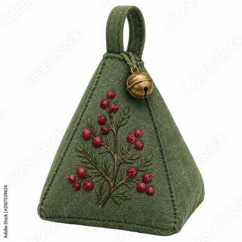Decorative Green Fabric Bell with Red Berries Design