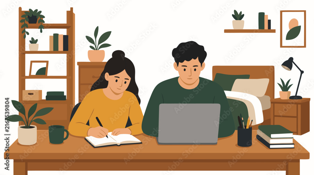 Fototapeta premium Flat vector illustration of two focused young people working together at a wooden desk with laptop and notebook in a tidy modern bedroom with plants, shelves, and warm decor