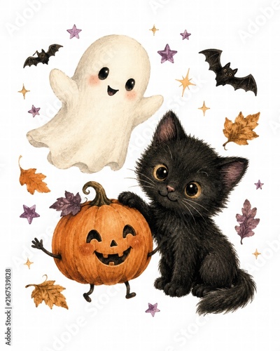 Whimsical Halloween Characters with Pumpkin and Ghost