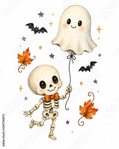 Playful Skeleton with Ghost and Bats Illustration
