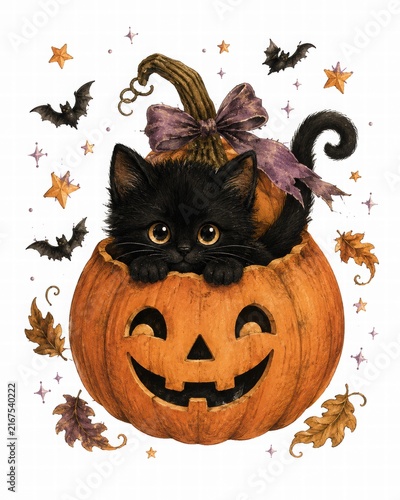 Cute Black Cat in Pumpkin for Halloween Celebration