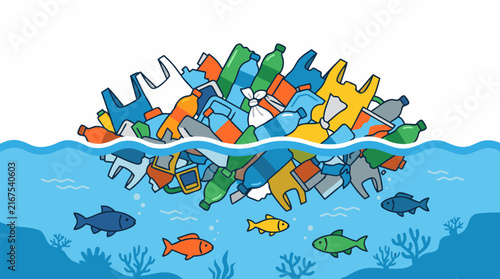 Vector illustration of plastic pollution in the ocean, featuring a mass of bottles and bags floating on the surface while fish swim below. Environmental waste concept for marine conservation.