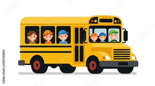 Yellow School Bus Vector Illustration with Smiling Children and Driver Visible Through Windows; Flat Design Back to School Concept for Education, Transport, and Student Safety Themes.