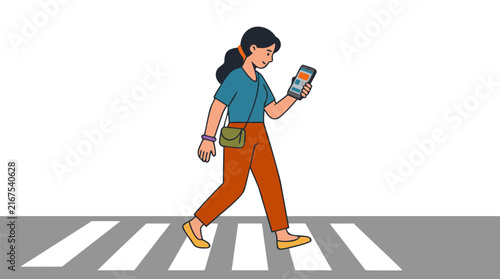 Flat Vector Illustration of a Young Woman Distracted by Her Smartphone While Walking Across a Zebra Crosswalk, Pedestrian Using Mobile Phone on City Street, Modern Lifestyle, Digital Technology