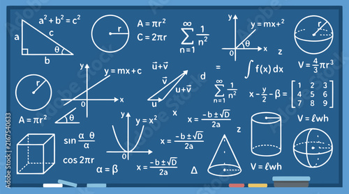 Mathematical Formulas and Geometric Diagrams on a Blue Chalkboard Vector Illustration; Features Algebra, Calculus, Geometry, Trigonometry, and Physics Equations for Education and Science.
