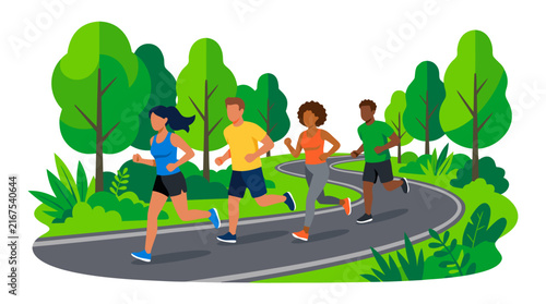 Diverse Group of Men and Women Jogging on a Winding Park Path Surrounded by Green Trees. Flat Vector Illustration of People Running for Fitness and Health in a Scenic Outdoor Summer Setting.