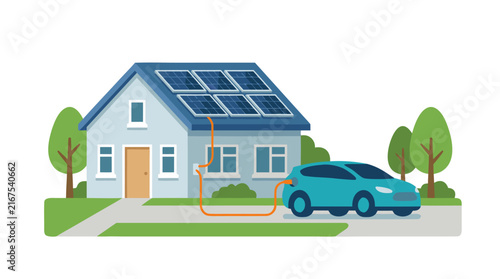 Modern Suburban House with Rooftop Solar Panels Charging a Blue Electric Car in the Driveway, Sustainable Living, Green Energy, and Eco-Friendly Home Technology Vector Illustration on White.