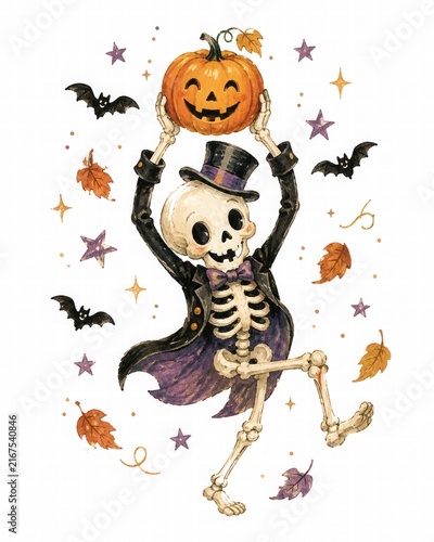 Whimsical Skeleton Celebrating Halloween with Pumpkin