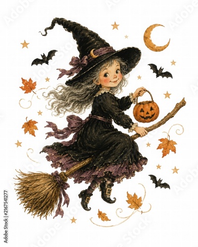 Whimsical Halloween Witch Flying on Broomstick