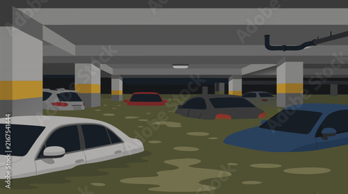 Vector Illustration of a Flooded Underground Parking Garage with Multiple Cars Submerged in Murky Water; Concept of Urban Natural Disaster, Property Damage, Climate Change, and Flash Flooding.