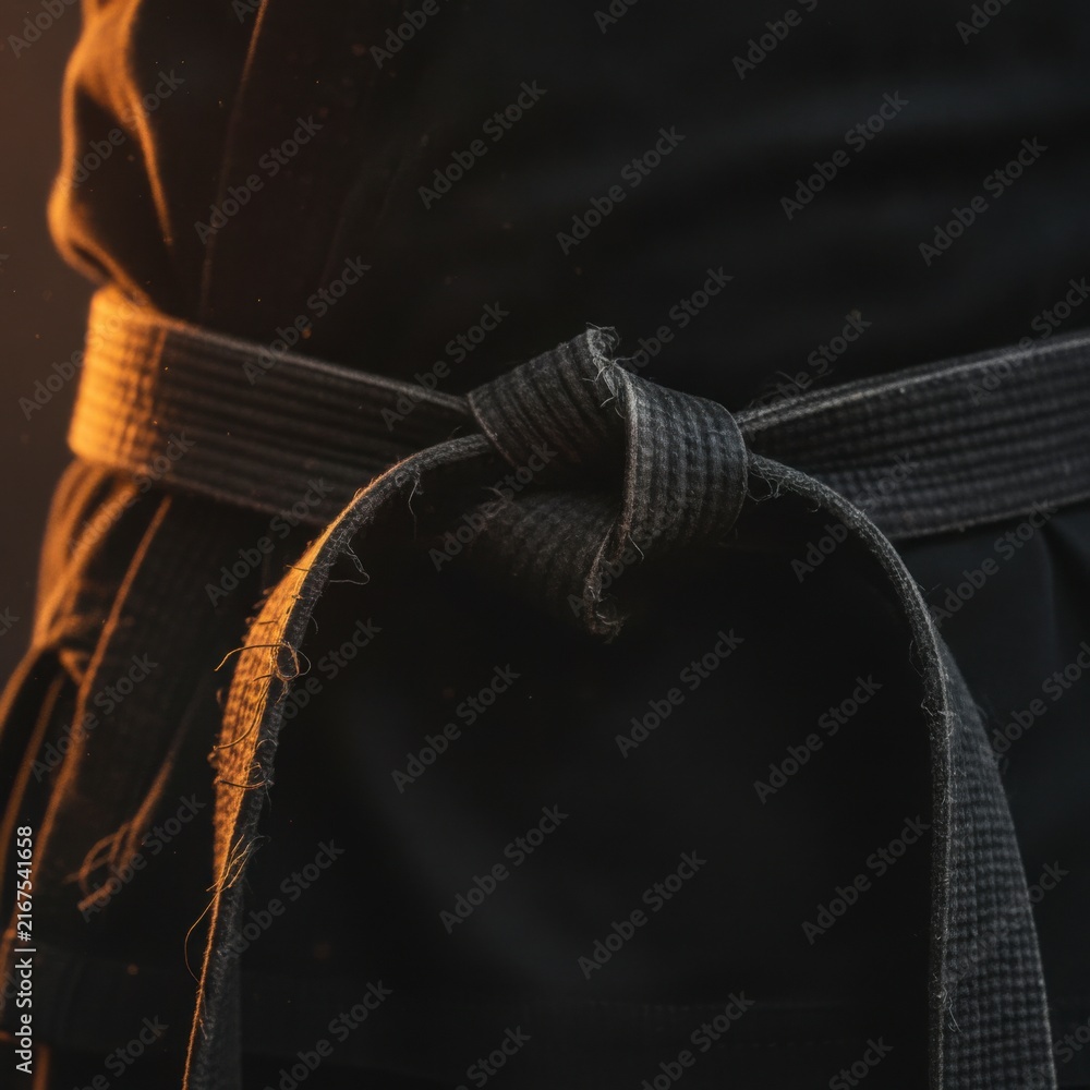 Fototapeta premium Close-up of a black belt tied around a person's waist in a dark martial arts uniform