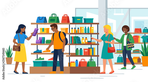 Diverse group of shoppers browsing shelves in a modern bright shopping mall or retail store with bags, shoes, and accessories, flat vector illustration in bold colors on white background.