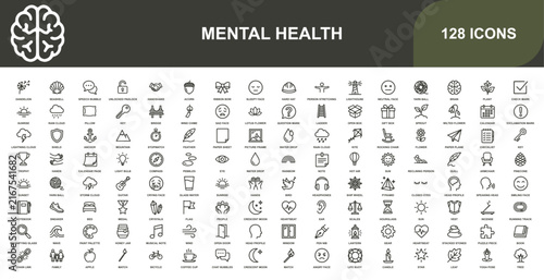 Isometric mental health collection with 128 symbols in flat style