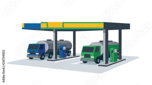 Vector illustration of an unbranded fuel station canopy with two tanker trucks parked at the pumps for refueling. Flat design industrial petrol station for transport and logistics concepts.