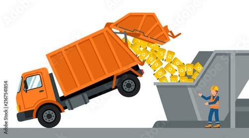 Orange garbage truck tipping its back to pour a cascade of yellow recycling bins into a large gray container at a waste management facility with a worker in safety gear. Vector illustration.