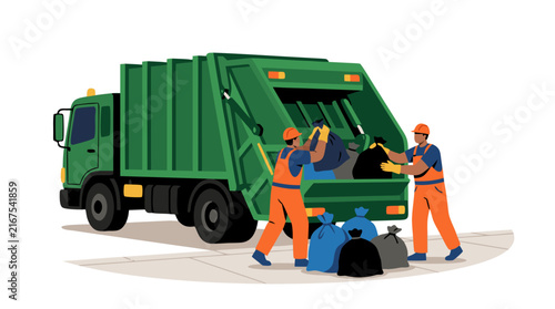City sanitation crew in orange overalls loading trash bags into a green garbage truck, flat vector illustration of waste management workers and refuse vehicle isolated on white background.