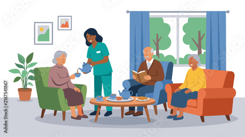 Elderly residents relaxing in a nursing home lounge with a caregiver serving tea. Senior people sitting in armchairs and a sofa, reading and socializing in a cozy common room. Flat vector art.