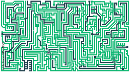 Abstract green and black interlocking circuit board pattern on white background, complex digital maze illustration of motherboard traces, electronic hardware network, and data connectivity.